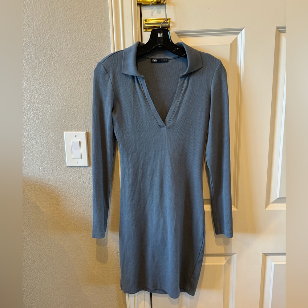 Zara Blue/Gray Long Sleeve V-Neck Knit Mini Dress